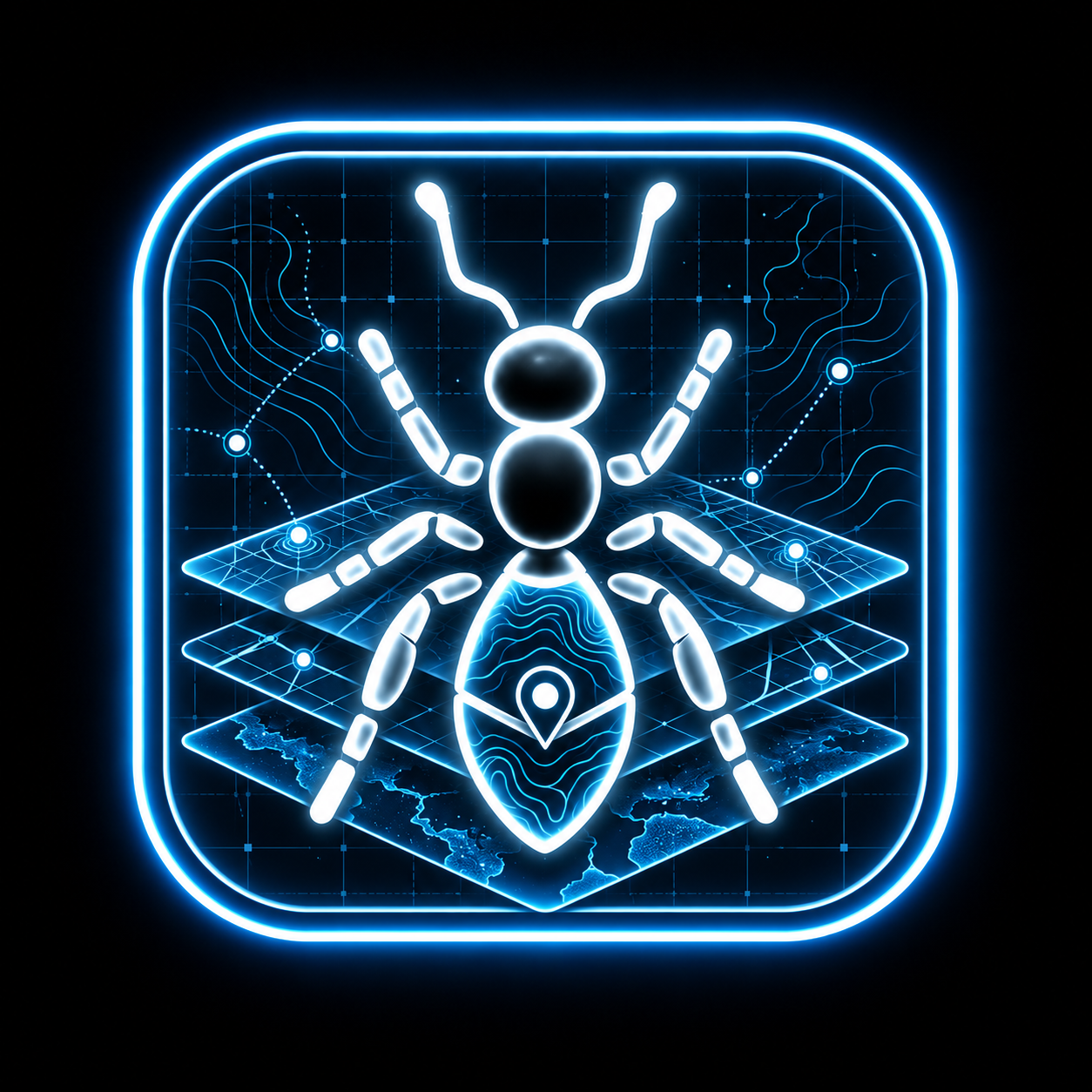 AntBytes ant logo with glowing map layers, topographic contours, a coordinate grid, and a location pin.