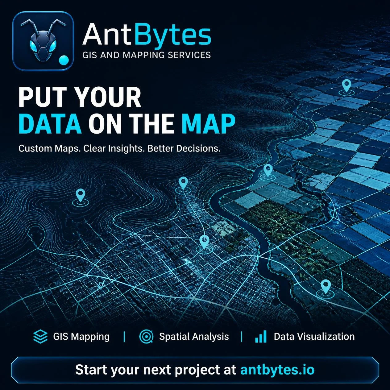 AntBytes GIS and Mapping Services — Put your data on the map. Custom maps, spatial analysis, and data visualization.